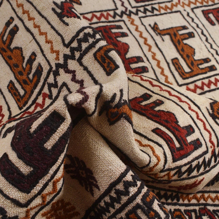 White Afghan Soumak Rug 3' 11" x 6' 6" Flat-Weave | No. AL20985