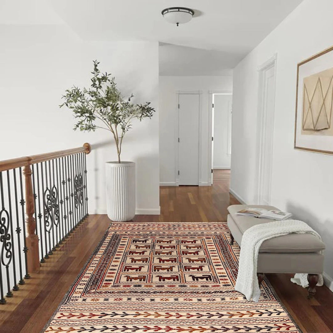 White Afghan Soumak Rug 3' 11" x 6' 6" Flat-Weave | No. AL20985