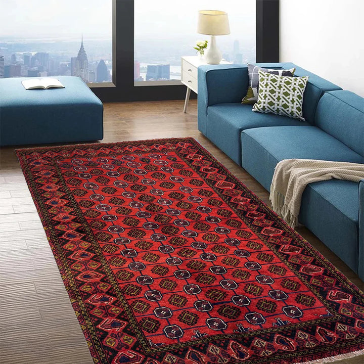 Red Afghan Baluchi Rug 3' 8" x 5' 10" Hand-Knotted | No. AL21005