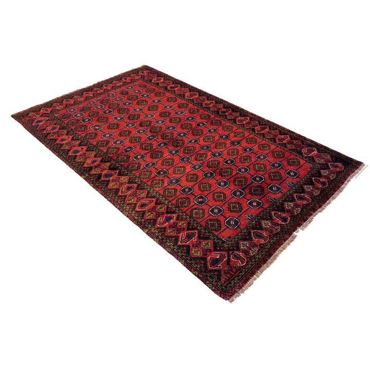 Red Afghan Baluchi Rug 3' 8" x 5' 10" Hand-Knotted | No. AL21005