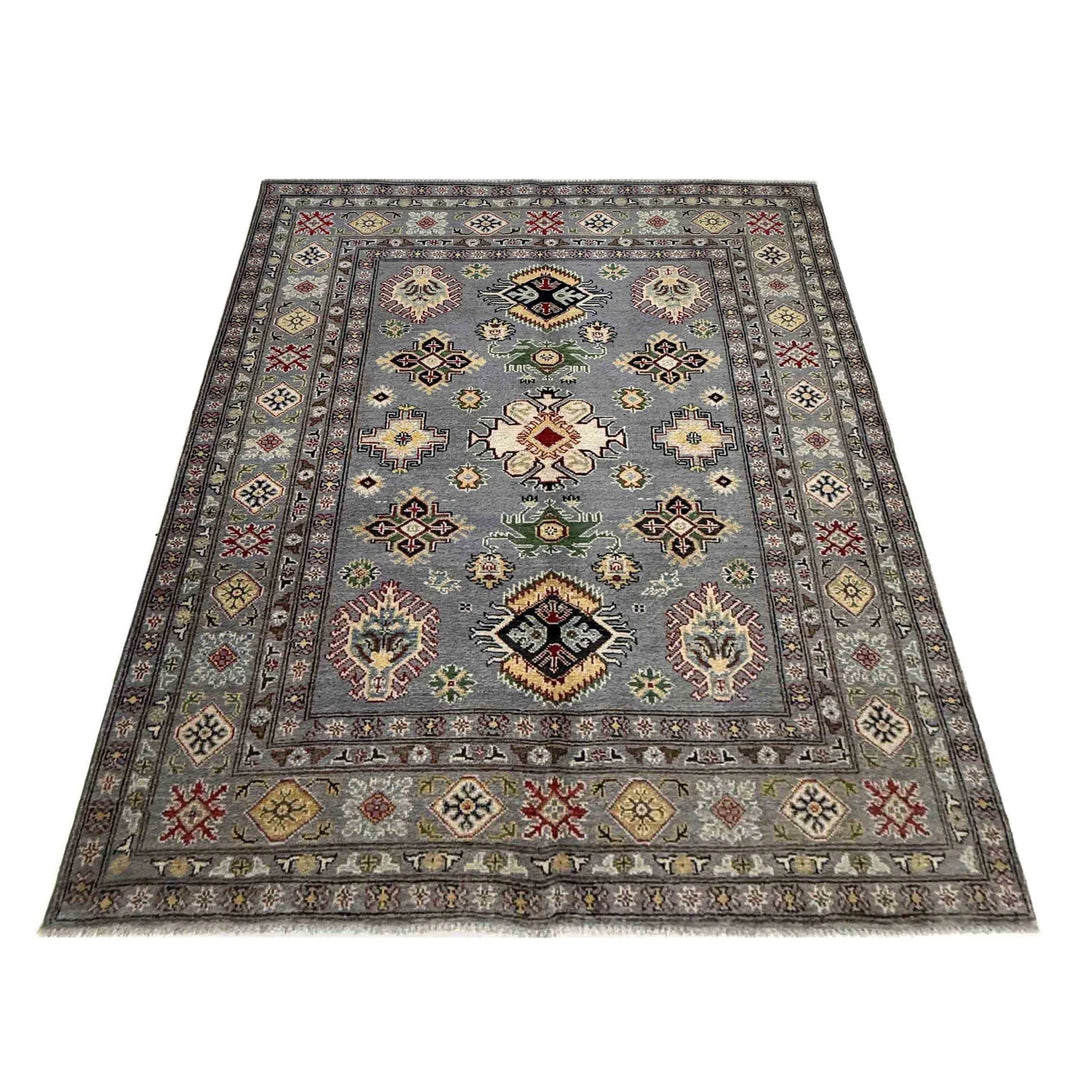 Gray Afghan Kazak Rug 4' 9" x 6' 4" Hand-Knotted | No. AL210074