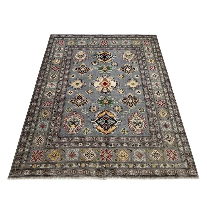 Gray Afghan Kazak Rug 4' 9" x 6' 4" Hand-Knotted | No. AL210074
