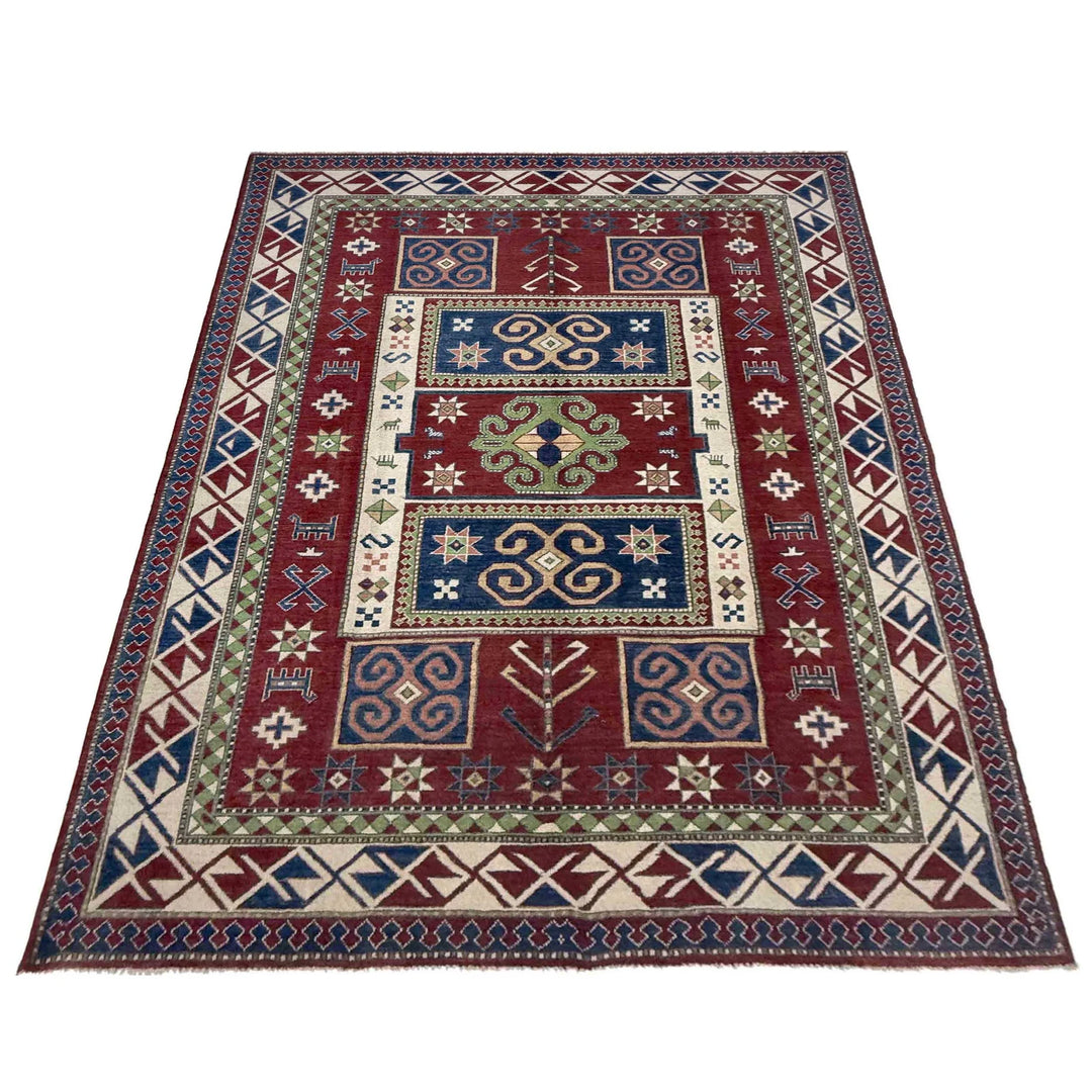 Red Afghan Kazak Rug 6' 4" x 9' 7" Hand-Knotted | No. AL21102