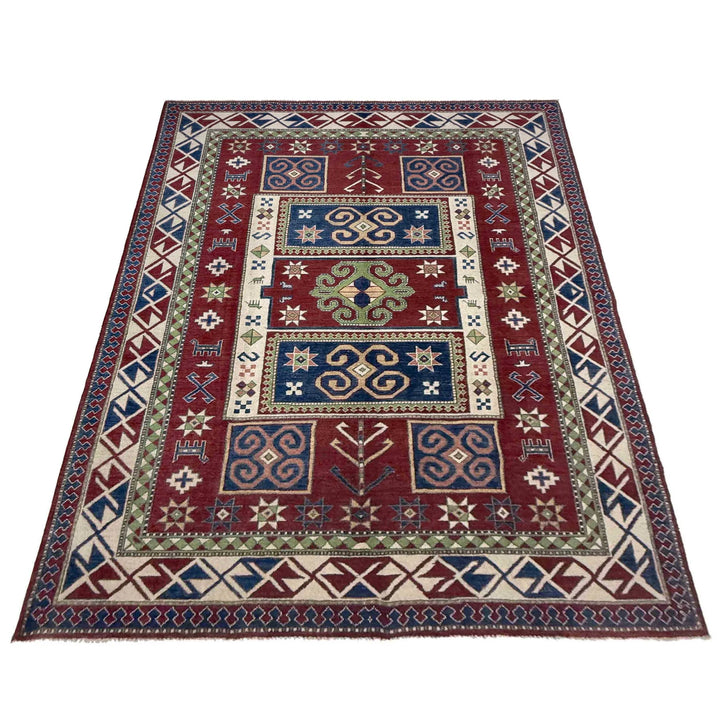 Red Afghan Kazak Rug 6' 4" x 9' 7" Hand-Knotted | No. AL21102