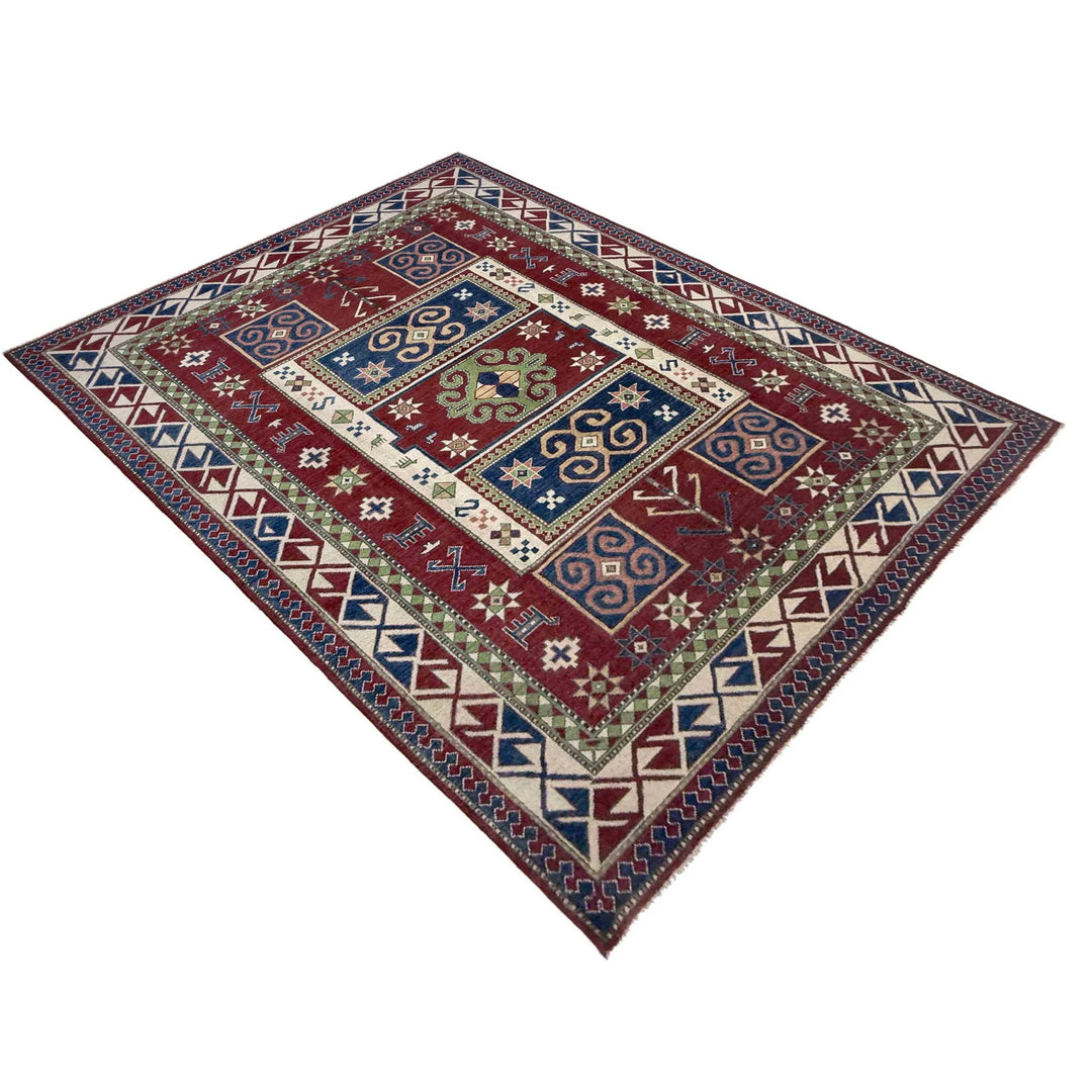 Red Afghan Kazak Rug 6' 4" x 9' 7" Hand-Knotted | No. AL21102