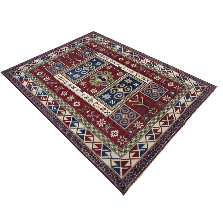 Red Afghan Kazak Rug 6' 4" x 9' 7" Hand-Knotted | No. AL21102