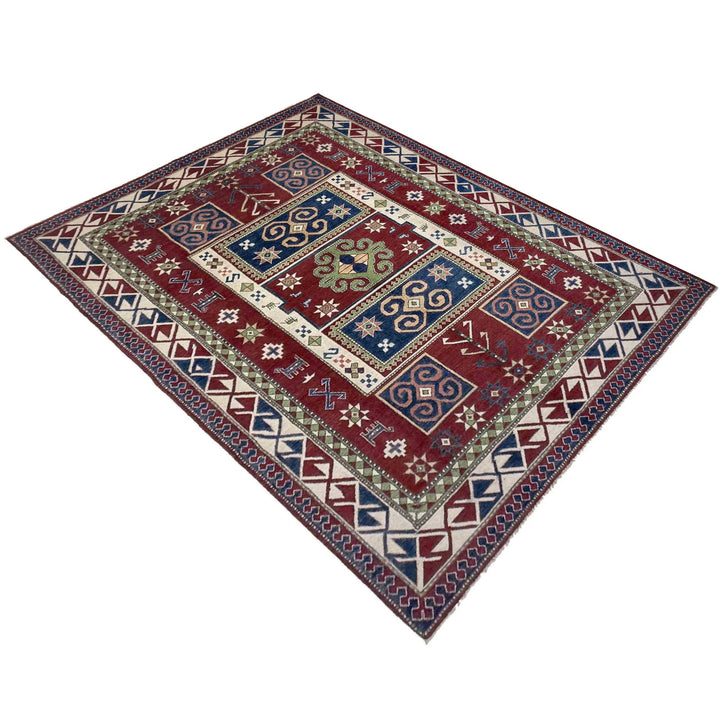 Red Afghan Kazak Rug 6' 4" x 9' 7" Hand-Knotted | No. AL21102