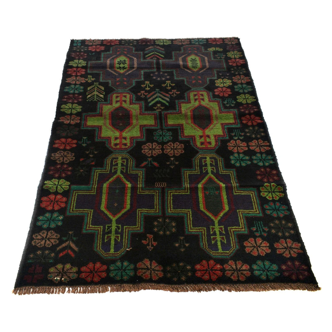 Black Afghan Baluchi Rug 4' 2" x 6' 5" Hand-Knotted | No. AL21115