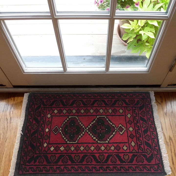 Red Afghan Oriental Doormat 1' 5" x 1' 11" Hand-Knotted | No. AL21142
