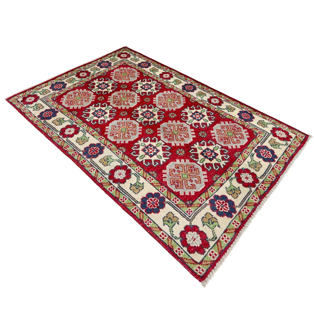 Red Afghan Kazak Rug 2' 7" x 4' 3" Hand-Knotted | No. AL21263