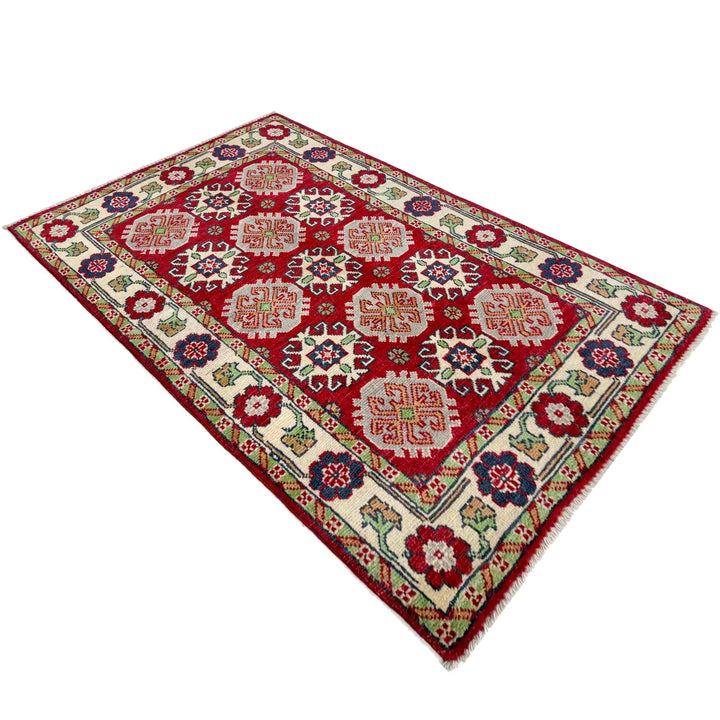 Red Afghan Kazak Rug 2' 7" x 4' 3" Hand-Knotted | No. AL21263