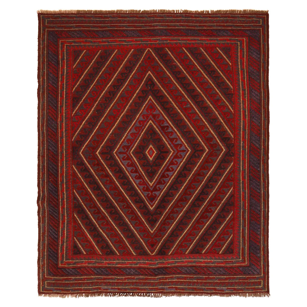 Red Afghan Mashwani Rug 4' 11" x 5' 11" Hand-Knotted | No. AL21535