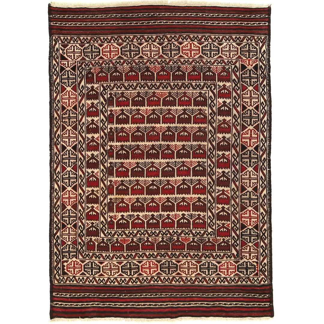 White Afghan Soumak Rug 4' 2" x 5' 11" Flat-Weave | No. AL21649