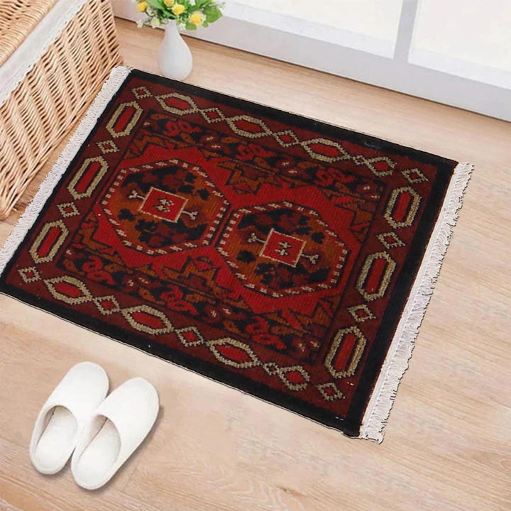 Red Afghan Oriental Doormat 1' 5" x 1' 10" Hand-Knotted | No. AL21798