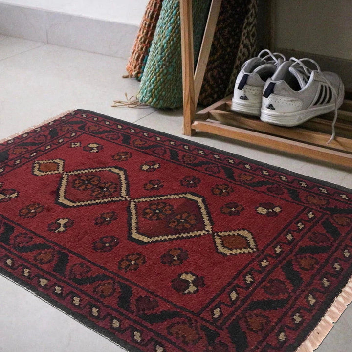 Red Afghan Oriental Doormat 1' 5" x 1' 11" Hand-Knotted | No. AL21890
