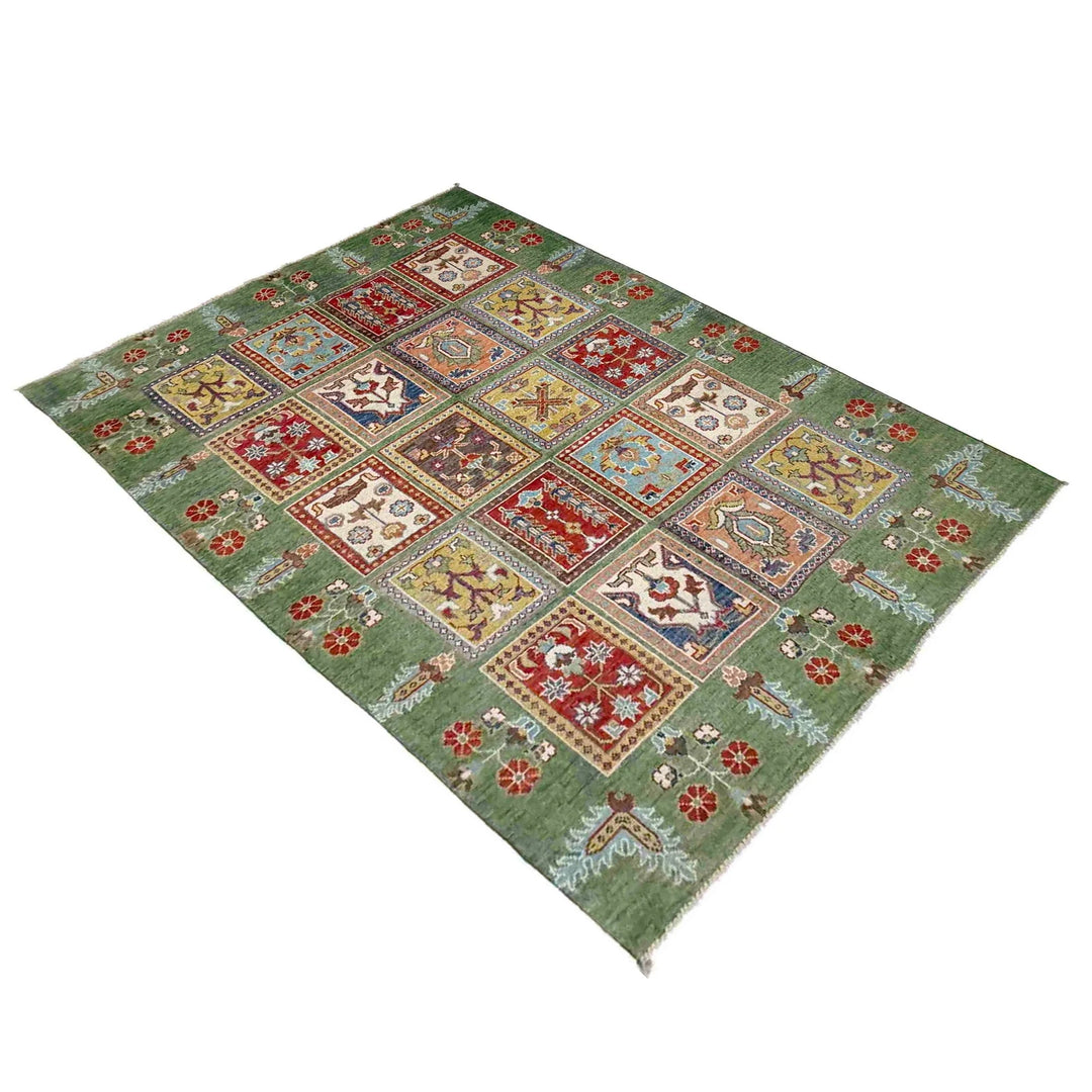 Green Afghan Bakhtiar Rug 4'11" x 7'3" Hand-Knotted | No. AL21953