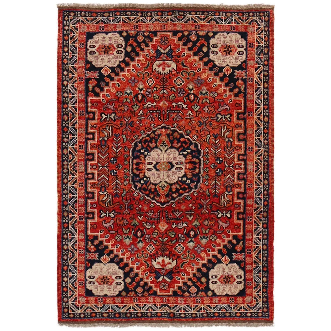 Red Afghan Shiraz Rug 3' 11" x 5' 10" Hand-Knotted | No. AL21987