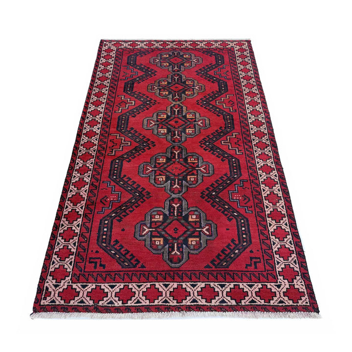 Red Afghan Baluchi Rug 3' 3" x 6' 1" Hand-Knotted | No. AL22069