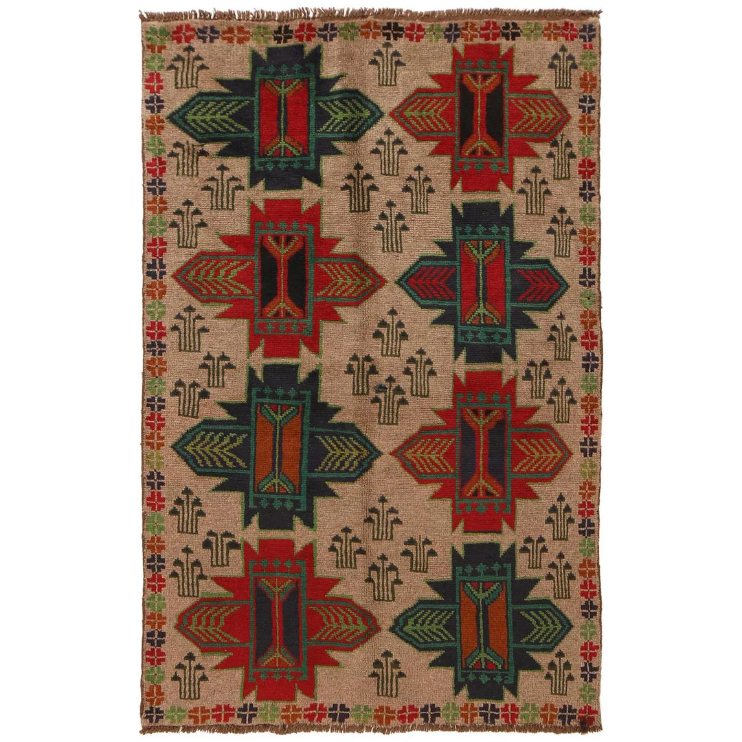 Beige Afghan Baluchi Rug 4' 2" x 6' 7" Hand-Knotted | No. AL22095