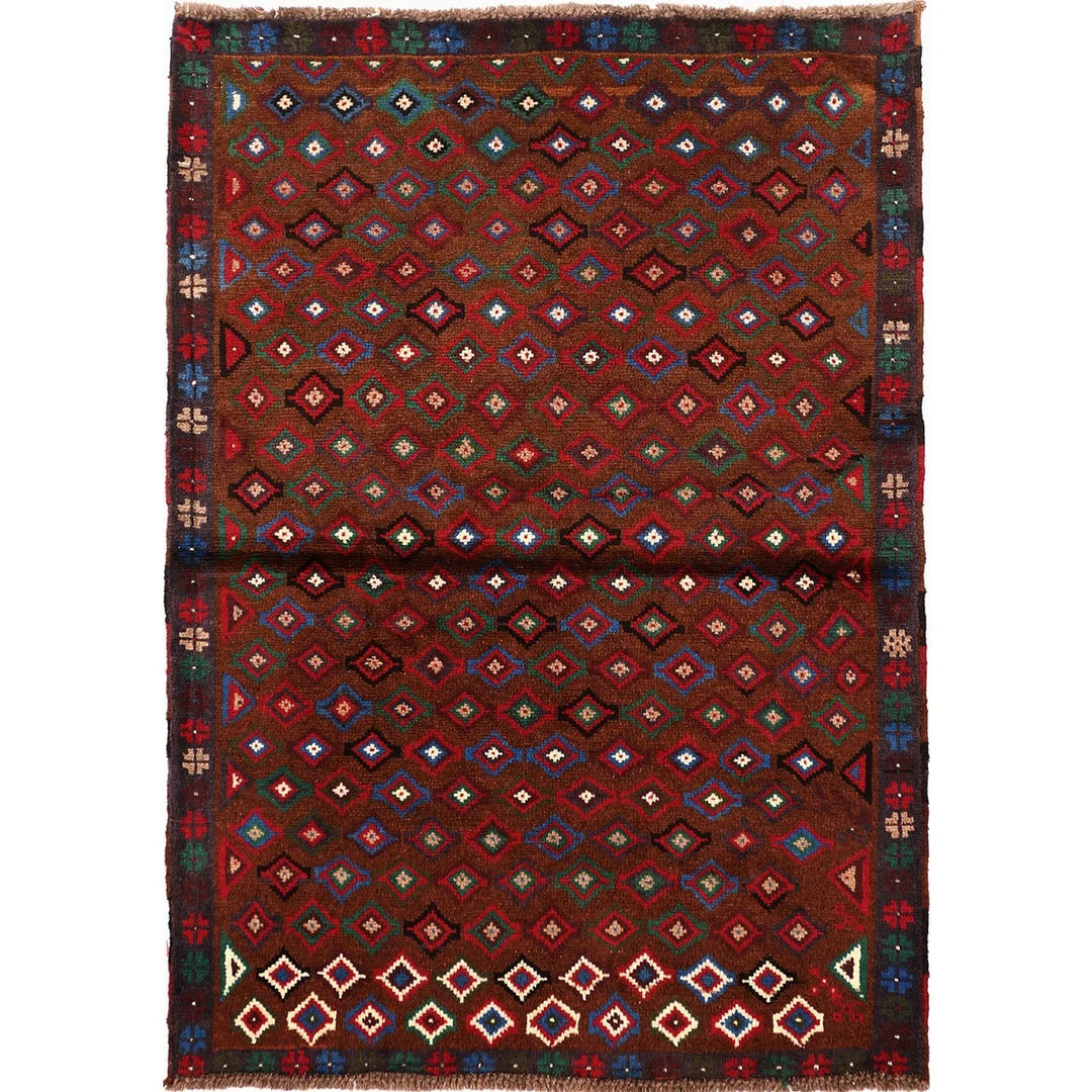 Brown Afghan Baluchi Rug 3' 4" x 4' 7" Hand-Knotted | No. AL22138