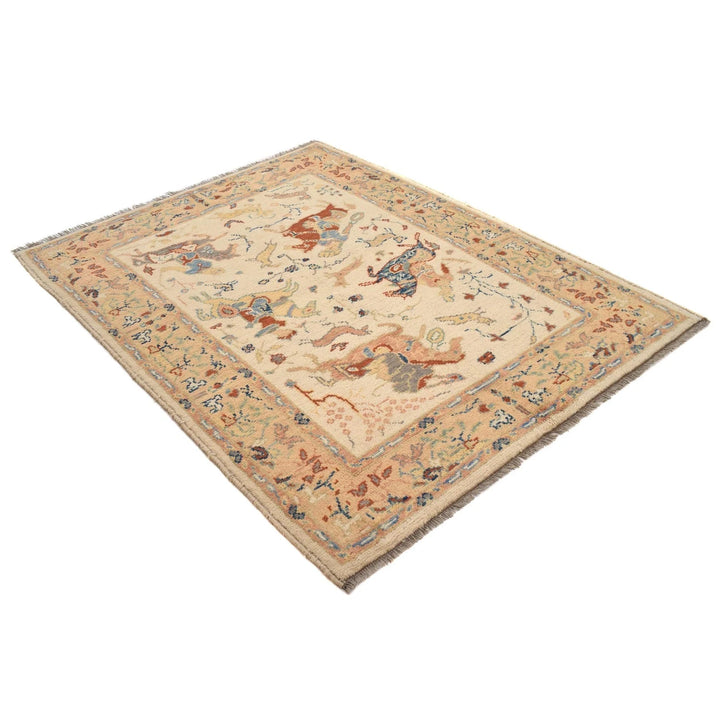 Beige Afghan Pictorial Rug 4' 4" x 5' 10" Hand-Knotted | No. AL22151