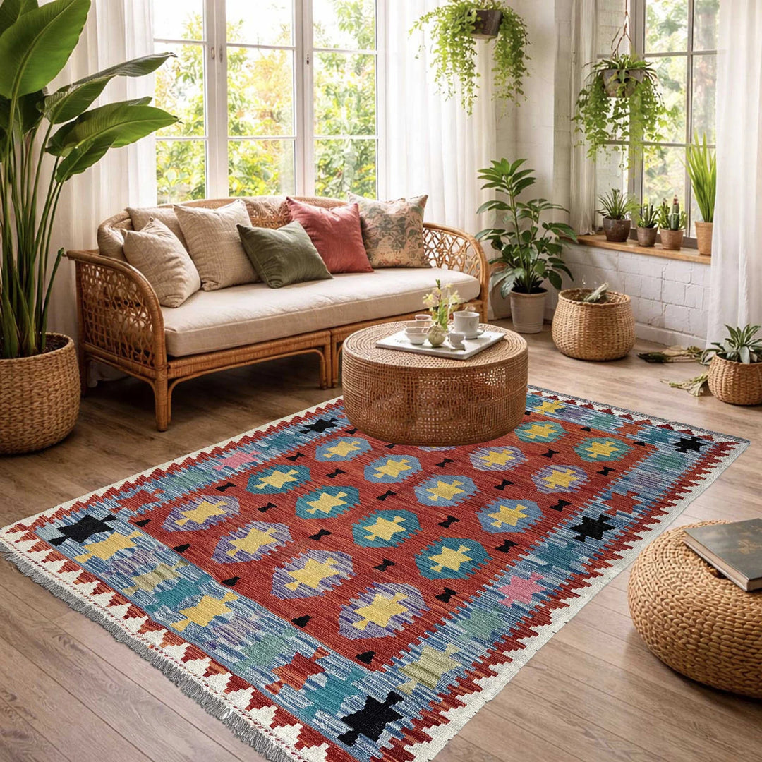 Afghan Vegetable Kilim Rug 4' 9" x 6' 6" Flat-Weave | No. AL22202