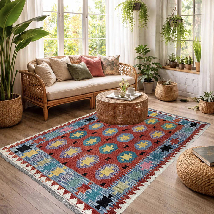 Afghan Vegetable Kilim Rug 4' 9" x 6' 6" Flat-Weave | No. AL22202