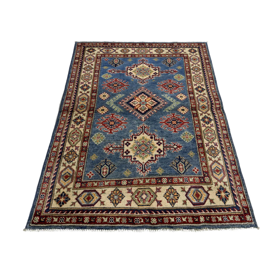 Blue Afghan Kazak Rug 3' 3" x 4' 11" Hand-Knotted | No. AL222995