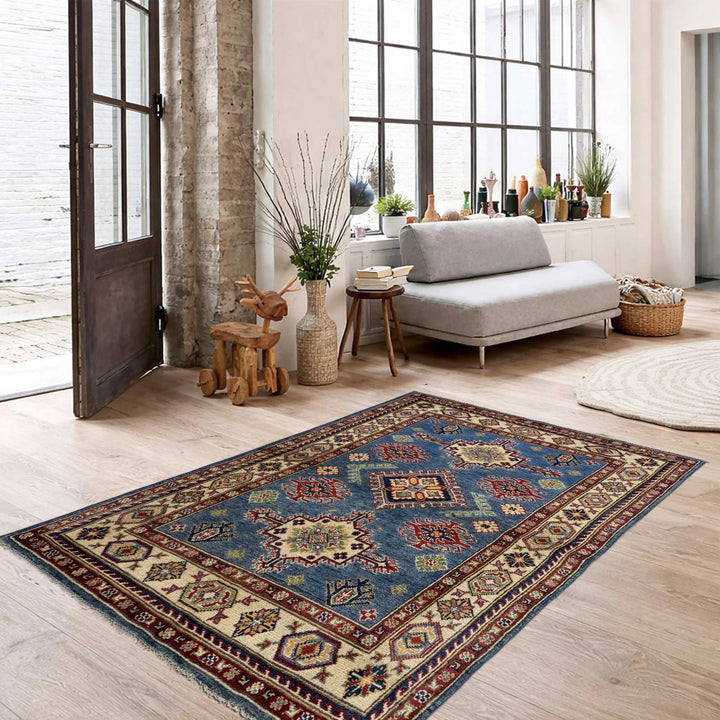 Blue Afghan Kazak Rug 3' 3" x 4' 11" Hand-Knotted | No. AL222995