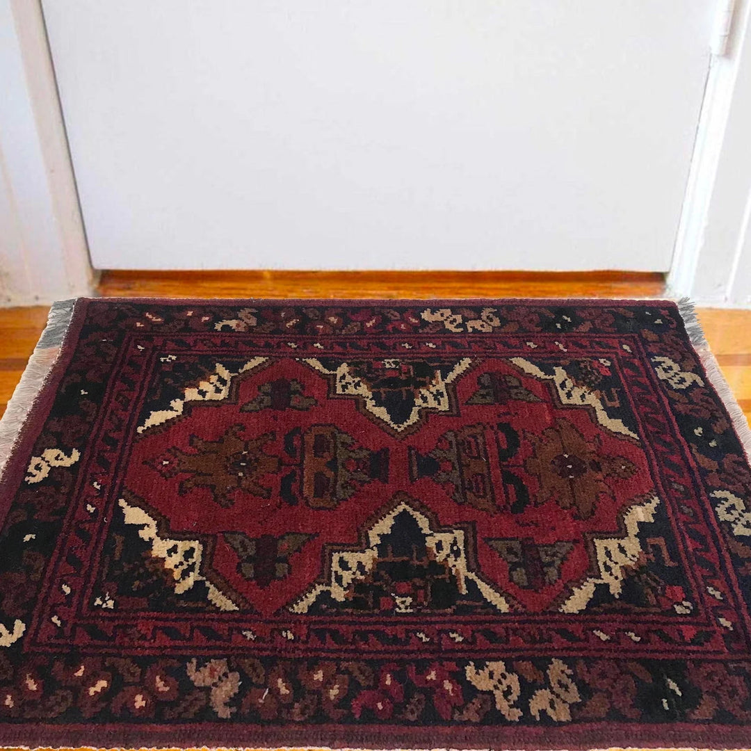 Red Afghan Oriental Doormat 1' 5" x 2' 0" Hand-Knotted | No. AL22642