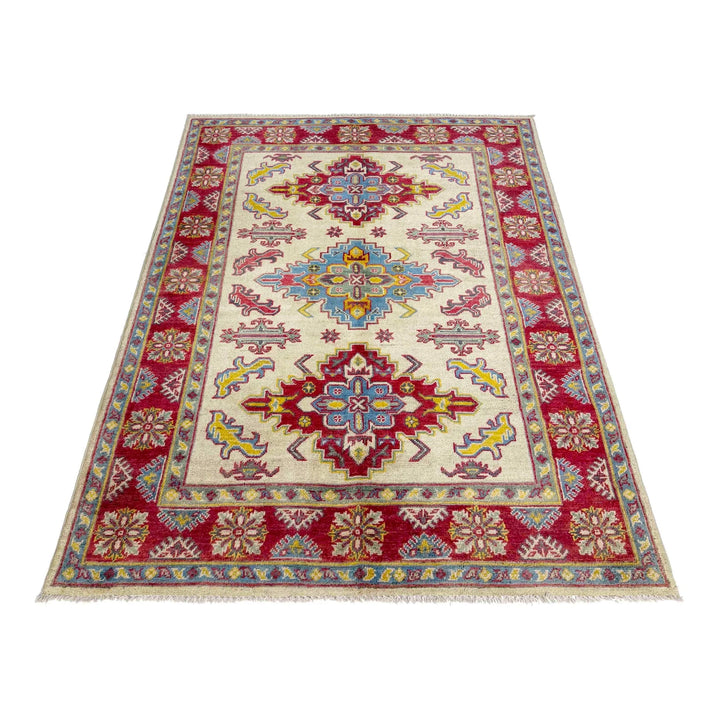 Beige Afghan Kazak Rug 4' 0" x 5' 8" Hand-Knotted | No. AL22934