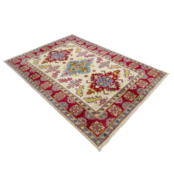 Beige Afghan Kazak Rug 4' 0" x 5' 8" Hand-Knotted | No. AL22934