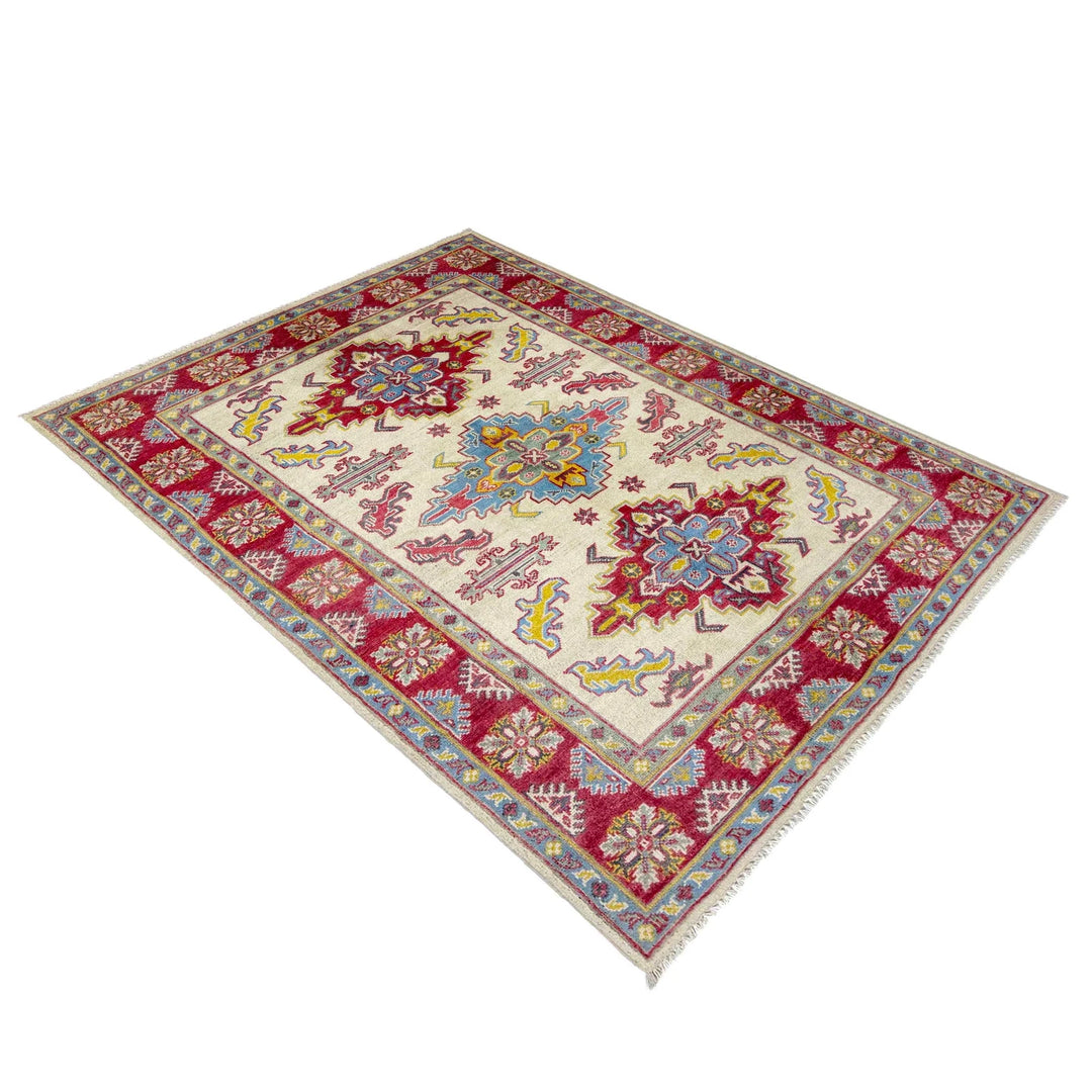 Beige Afghan Kazak Rug 4' 0" x 5' 8" Hand-Knotted | No. AL22934