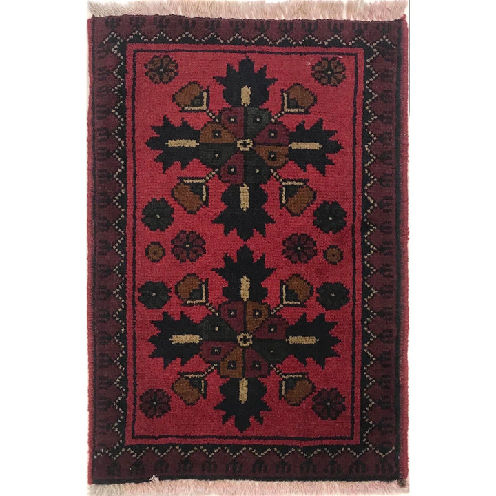 Red Afghan Oriental Doormat 1' 4" x 2' 1" Hand-Knotted | No. AL23078