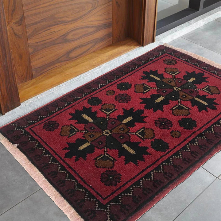 Red Afghan Oriental Doormat 1' 4" x 2' 1" Hand-Knotted | No. AL23078