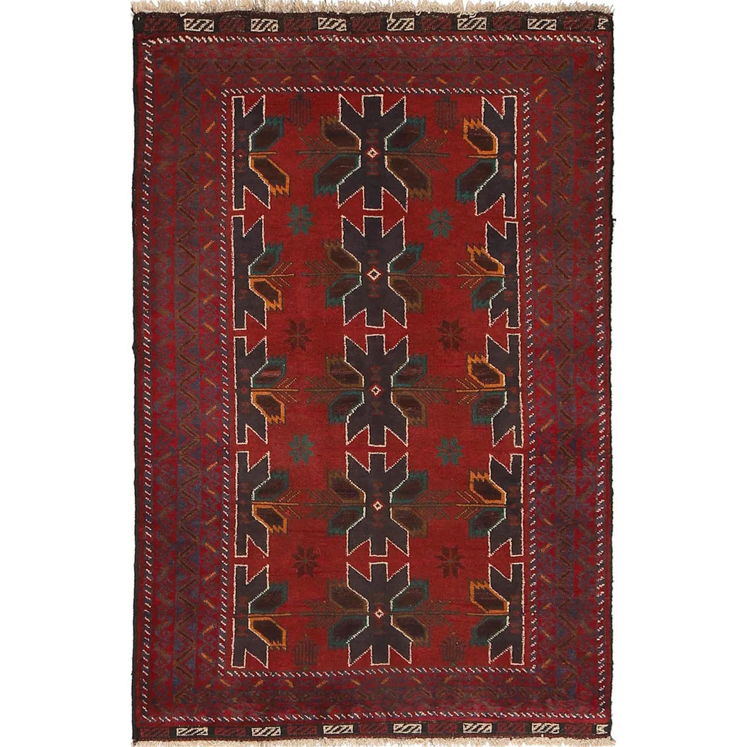 Red Afghan Baluchi Rug 3' 0" x 4' 8" Hand-Knotted | No. AL23304