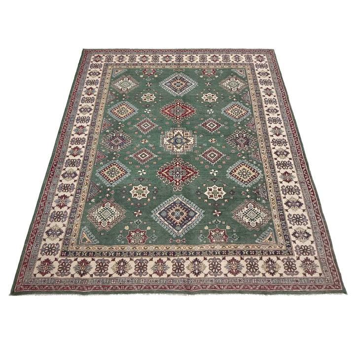 Green Afghan Kazak Rug 6' 9" x 10' 0" Hand-Knotted | No. AL23370