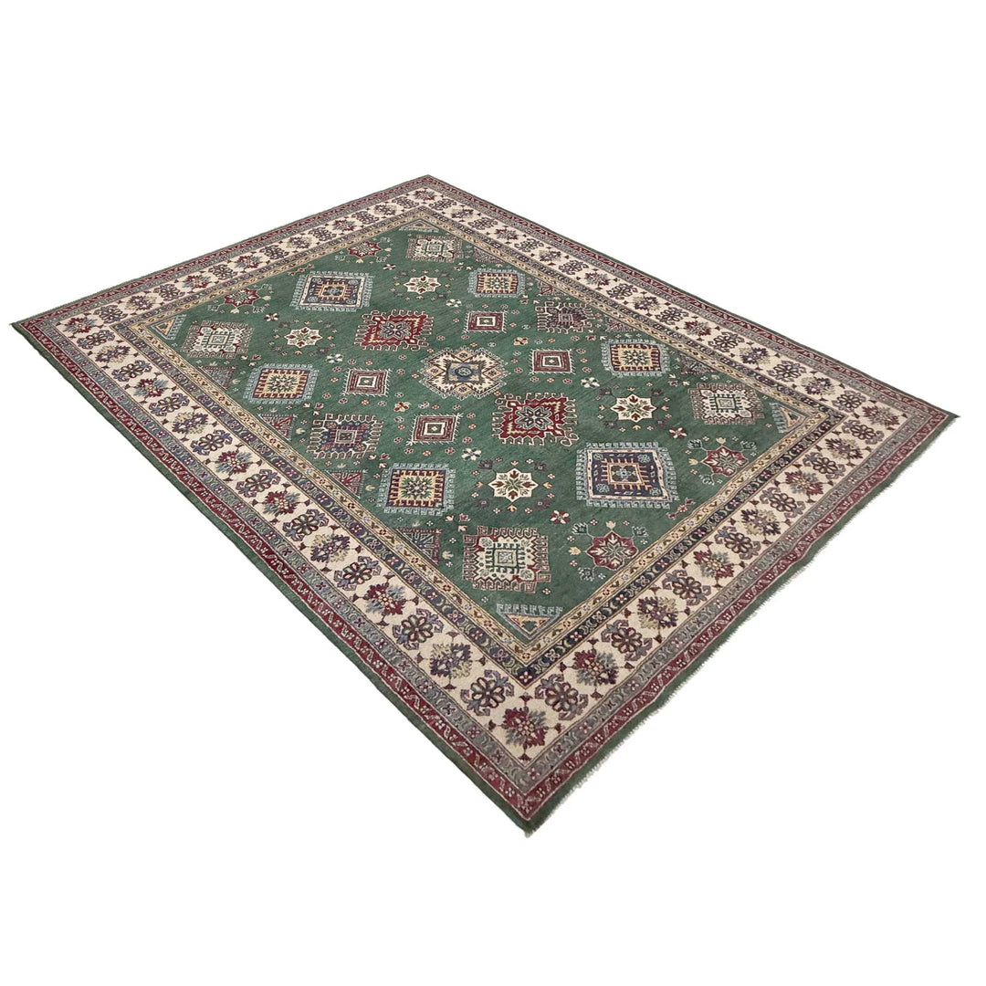 Green Afghan Kazak Rug 6' 9" x 10' 0" Hand-Knotted | No. AL23370