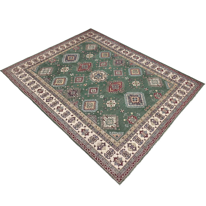 Green Afghan Kazak Rug 6' 9" x 10' 0" Hand-Knotted | No. AL23370