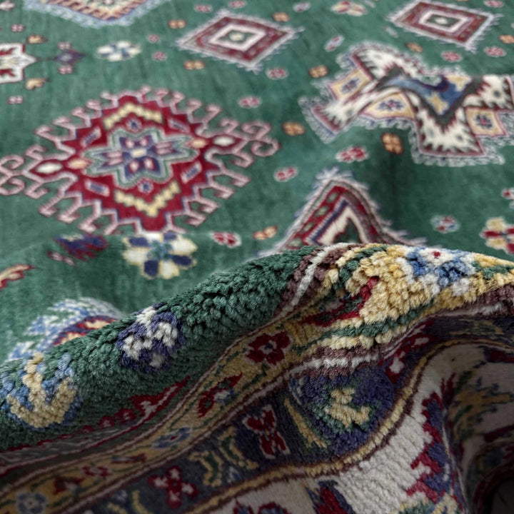 Green Afghan Kazak Rug 6' 9" x 10' 0" Hand-Knotted | No. AL23370