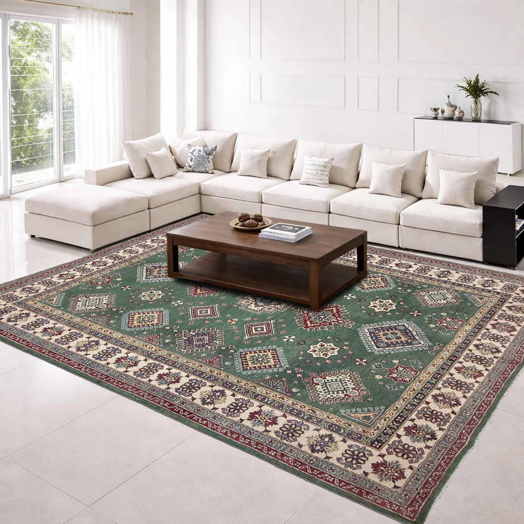 Green Afghan Kazak Rug 6' 9" x 10' 0" Hand-Knotted | No. AL23370