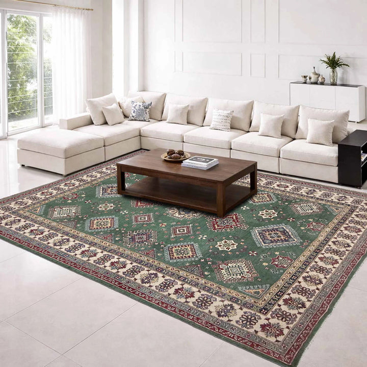 Green Afghan Kazak Rug 6' 9" x 10' 0" Hand-Knotted | No. AL23370