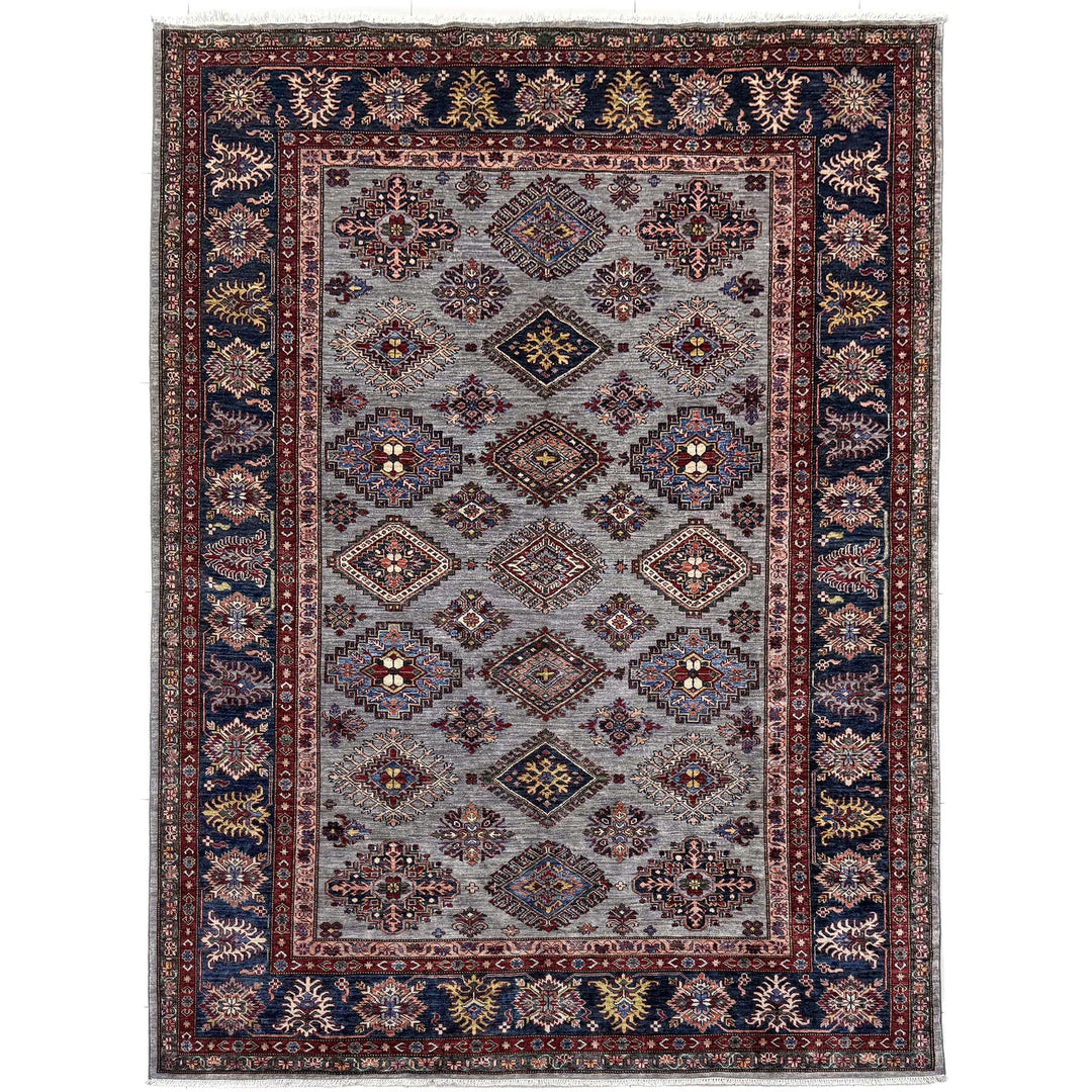 Gray Afghan Kazak Rug 6' 11" x 9' 11" Hand-Knotted | No. AL23479