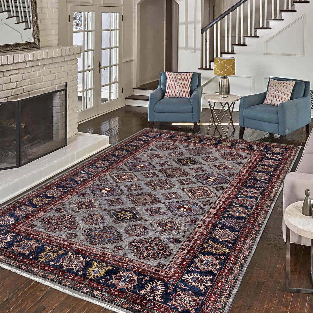 Gray Afghan Kazak Rug 6' 11" x 9' 11" Hand-Knotted | No. AL23479