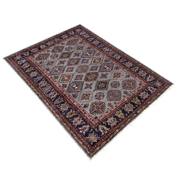 Gray Afghan Kazak Rug 6' 11" x 9' 11" Hand-Knotted | No. AL23479