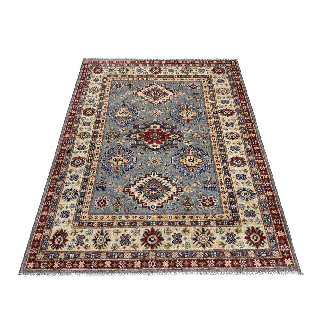 Gray Afghan Kazak Rug 4' 0" x 6' 1" Hand-Knotted | No. AL23844