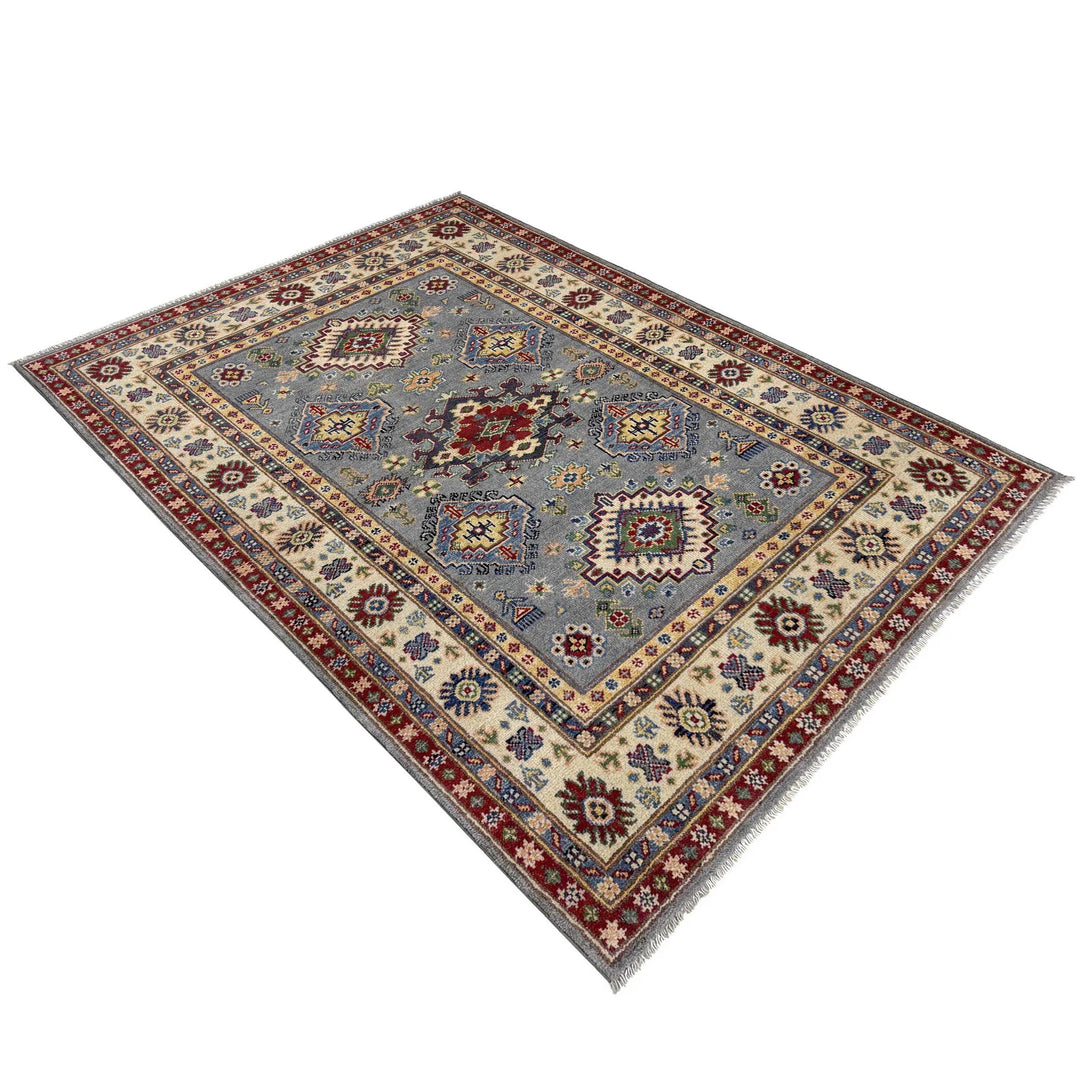 Gray Afghan Kazak Rug 4' 0" x 6' 1" Hand-Knotted | No. AL23844