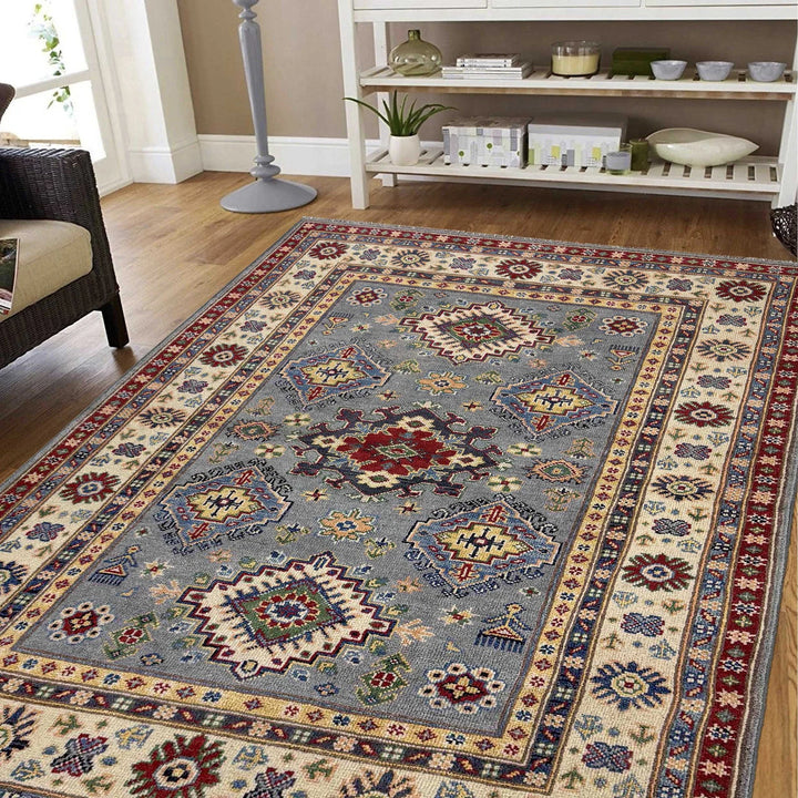 Gray Afghan Kazak Rug 4' 0" x 6' 1" Hand-Knotted | No. AL23844