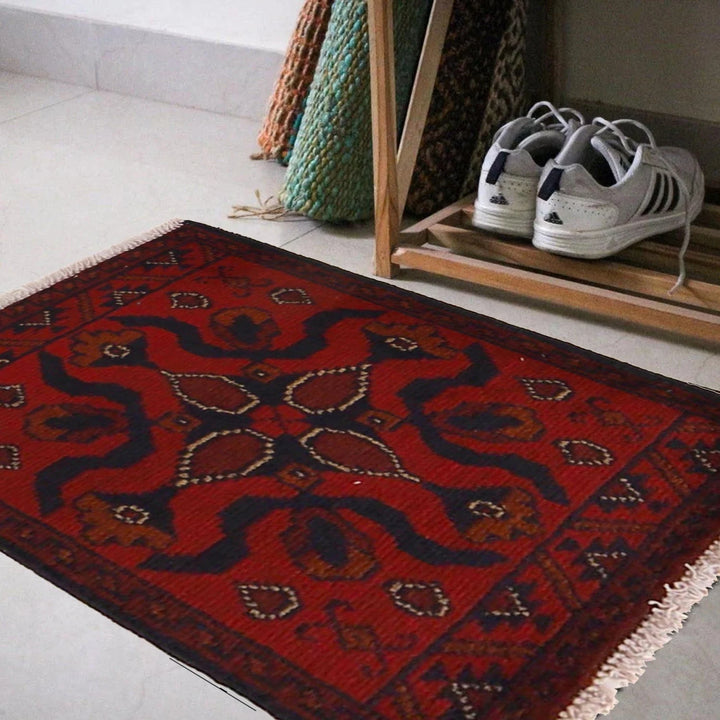 Red Afghan Oriental Doormat 1' 5" x 2' 0" Hand-Knotted | No. AL23886