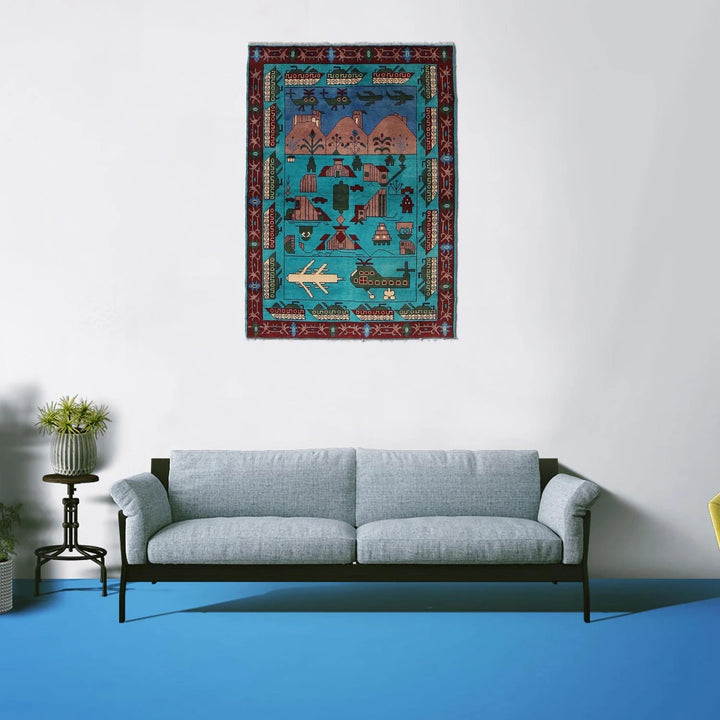 Blue Afghan War Rug 4' 0" x 6' 0" Hand-Knotted | No. AL24000
